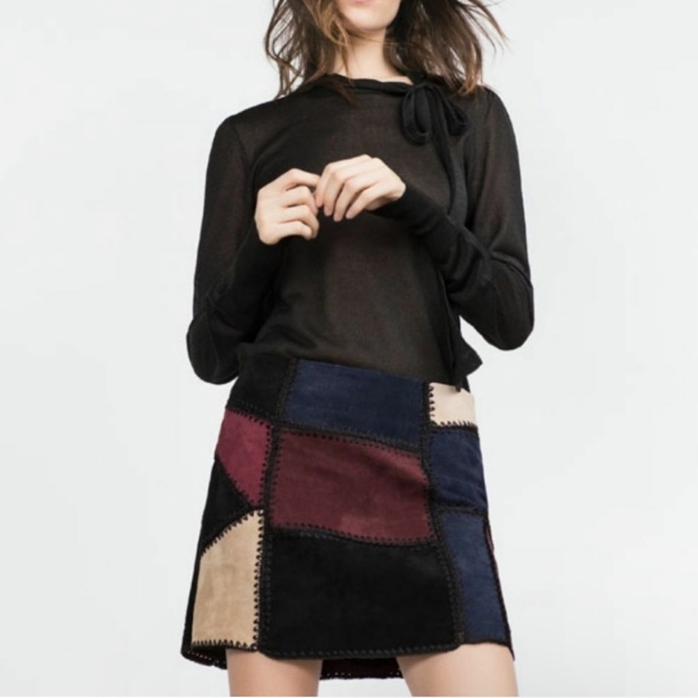 Zara Nubuck Leather Patchwork Boho mini Skirt